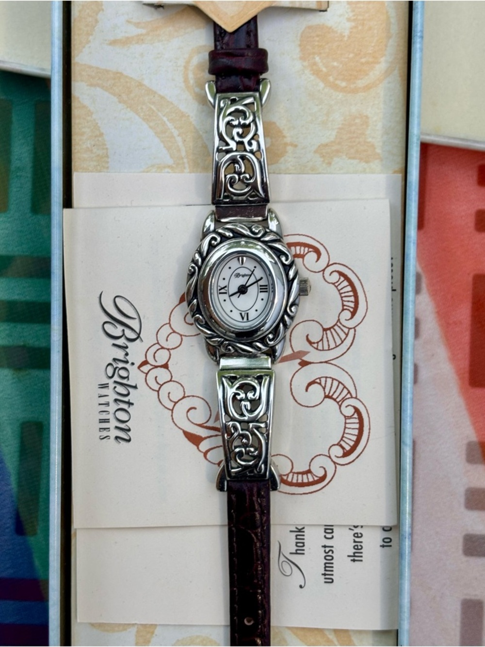 New In Box Brighton Santa Barbara Silver Scroll Quartz Watch Brown Leather Strap